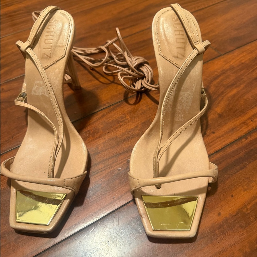 SCHUTZ Tan Lace-Up Stiletto Sandals with Wrap Ankle Ties - Picture 15 of 15
